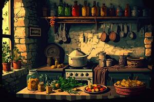 painting of an old kitchen, photo