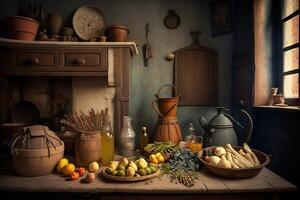 still life with vegetables and tools, illustration photo