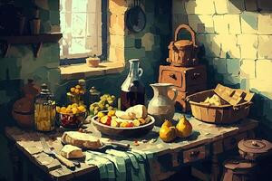 Painting of an old table with many food, photo