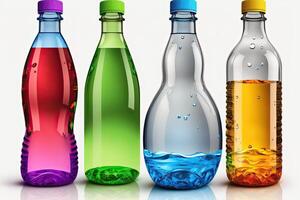 colored water plastic bottles, white background photo