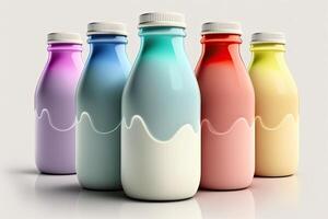 illustration of colorful mixed yogurt bottles, white background photo