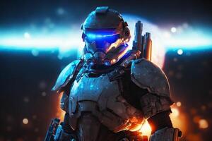 space soldier in space with armor, many light in background, illustration photo