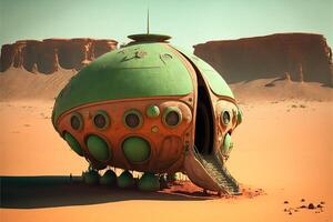 an old alien abandoned spaceship in the desert illustration photo