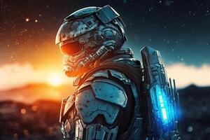 fierce space soldier in space, many light in background, illustration photo