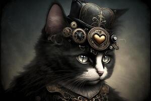 ilustración de un estoico Steampunk gótico gato, mirando adelante con corazón conformado engranajes, gris antecedentes ai generado foto