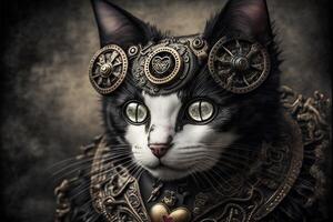 ilustración de un sorprendido Steampunk gótico gato gris antecedentes ai generado foto