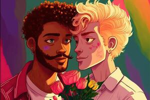 lgbtqplus cartoon couple on valentine's day is hugging, with bouquet of flowers, illustration photo