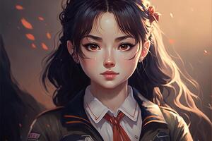 ilustración de un coreano anime Chica de escuela en uniforme con marrón ojos y negro pelos mira adelante, gris antecedentes ai generado foto