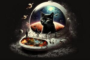 a black cat hologram into a gigantic futuristic computer in background planets and stars illustration photo