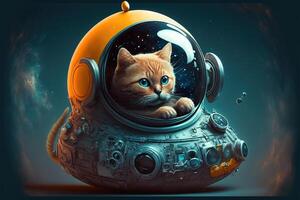 a cute little cat into a space ship, light grey background illustration photo