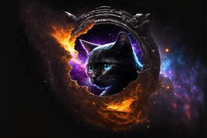 Space Cat is watching into a luminous black hole with planets and star in background llustration photo