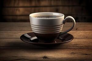 ilustración de un metal pequeño taza de Café exprés café con horizontal líneas en un de madera mesa, ai generado foto