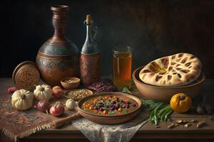 azerbaijan traditional table with food illustration, photo