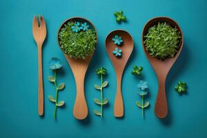 Eco wooden tableware on blue background, illustration photo