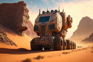 future mars truck in the desert with many wheels, illustration photo