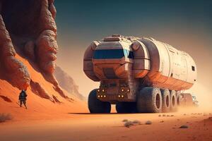 future mars truck in the desert with a person in background, illustration photo
