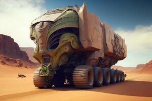 alien mars truck in the desert, illustration photo