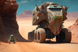 Gigantic mars truck in the desert, illustration photo