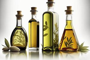 different types of glass bottles of olive oil , illustration photo