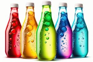 ilustración de de colores burbujeante soda botellas, blanco antecedentes ai generado foto