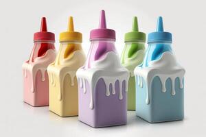 ilustración de vistoso yogur bebé botella, blanco antecedentes ai generado foto