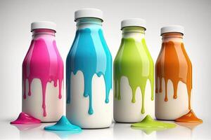 illustration of colorful dripping yogurt bottles, white background photo