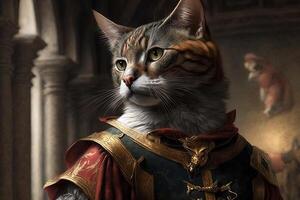 ilustración de un noble gato, antiguo casa en fondo, ai generado foto