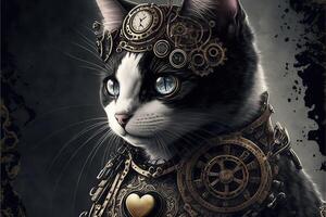 illustration of a steampunk gothic cat, looking forward with heart shaped gears, grey background photo