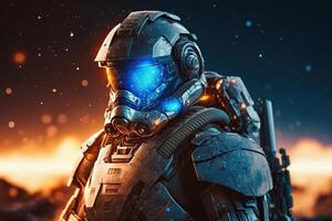 space soldier in space, many light in background, illustration photo