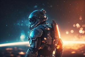 space trooper in space, many light in background, illustration photo