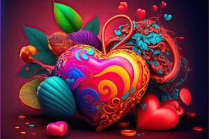 colorful valentine's day illustration with hearts and leaves 3d, digital art, photo