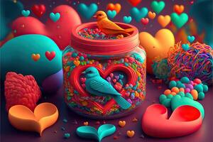 vistoso San Valentín día ilustración con corazones y aves ai generado foto