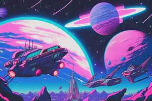 cartoon vaporwave spaceship, many alien planets in background, photo