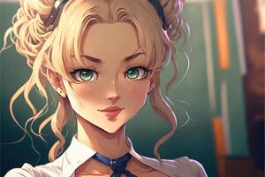 Illustration of young anime woman teacher with green eyes and blond hairs looks forward in school class photo
