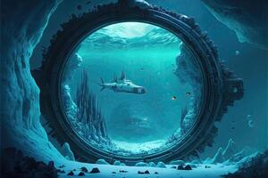 Illustration of an alien submarine looked by a porthole photo