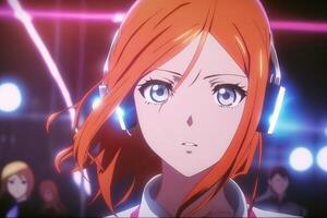beautiful serious anime ginger girl with headset, photo