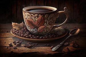 illustration of a painted little cup of espresso coffee on a wooden table with many beans of coffee, photo