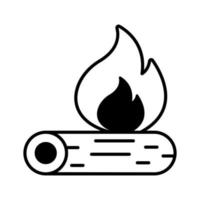 Campfire, burning bonfire, wood log with fire flame in editable design vector