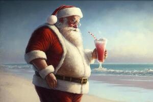 Santa Claus in his suit is resting on the beach in summer, photo