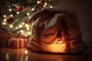 Christmas presents wrapped in colored paper and Santa's big bag with presents under the tree, . photo