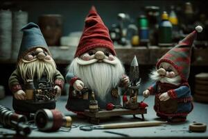 Dwarves in the production workshop make Christmas toys for children, photo