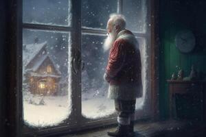 Santa looks out the window at the snow, evening snowfall, . photo