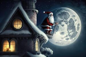 Papa Noel claus en el techo de el casa cerca el Chimenea en Navidad noche, generativo ai. foto