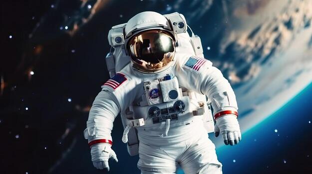 Orbit of the planet Earth, an astronaut in a spacesuit flying in space on the background of the earth, . photo