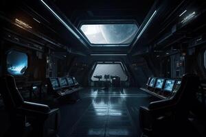 Dark spaceship interior with a view of the control panels, . photo