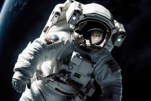 An astronaut in a spacesuit flies in outer space near the orbit of the planet Earth, . photo