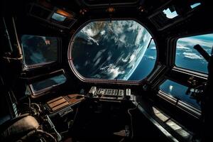 ver desde el ventana de el astronave a planeta tierra, generativo ai. foto