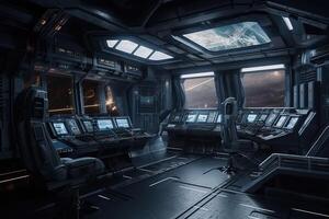 Dark spaceship interior with a view of the control panels, . photo