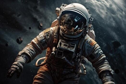 An astronaut in a spacesuit flies in outer space near the orbit of the planet Earth, . photo
