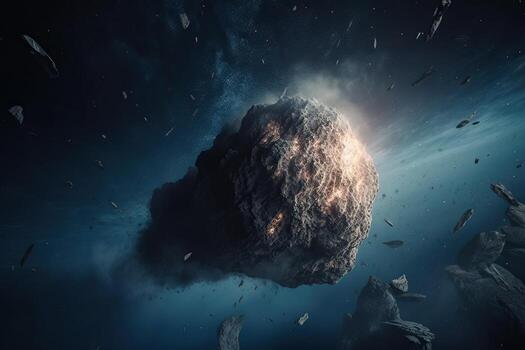 The flight of a comet over the planet, a comet in space, a meteor and energy, the glow of an asteroid, the movement of a powerful star. photo